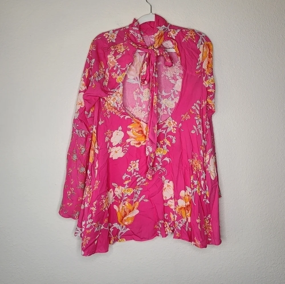 Free People Pink Multi Tate Flared Sleeve Floral Tunic S